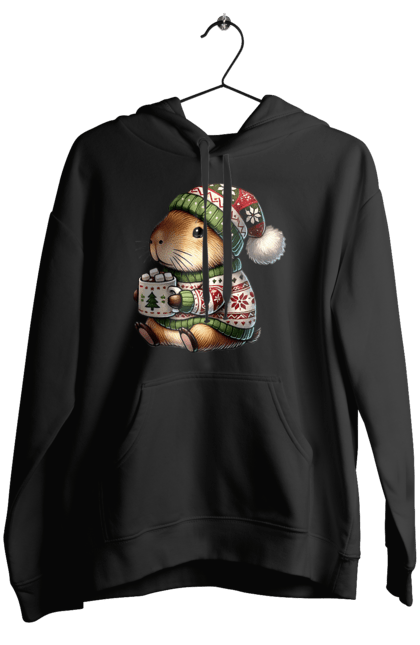 Women's hoodie with prints Capybara with hot chocolate. Animal, capybara, christmas, christmas capybara, gift, holiday, hot chocolate, new year, santa. 2070702