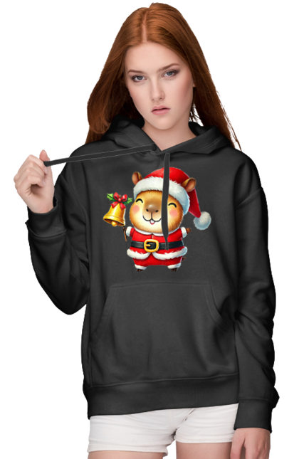 Women's hoodie with prints Funny capybara with a bell. Animal, bell, capybara, christmas, christmas capybara, gift, holiday, new year, new year`s gift, santa. 2070702