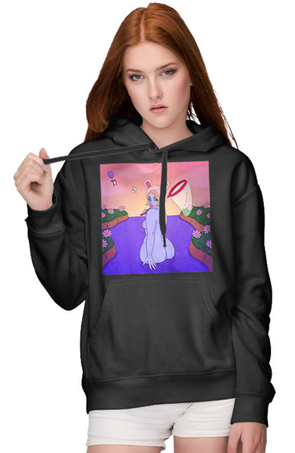 Жіноче худі з принтом "Фіолетова Дівчина На Полюванні". Гола, дівчина, сачок. 2070702