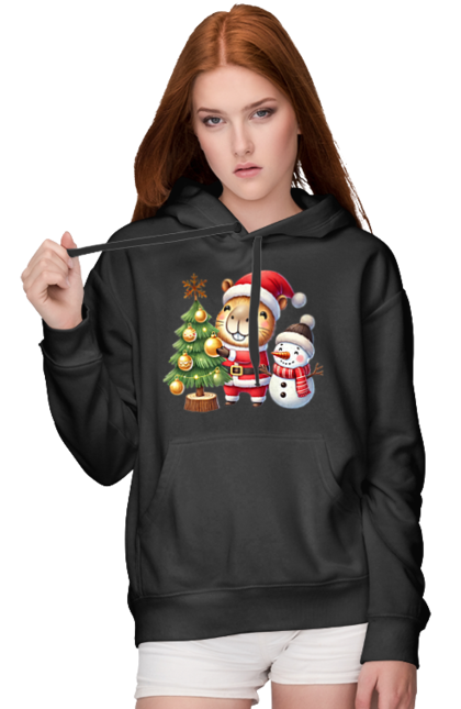 Women's hoodie with prints Christmas Capybara with a Tree. Animal, capybara, christmas, christmas capybara, christmas tree, gift, holiday, new year, new year`s gift, santa. 2070702