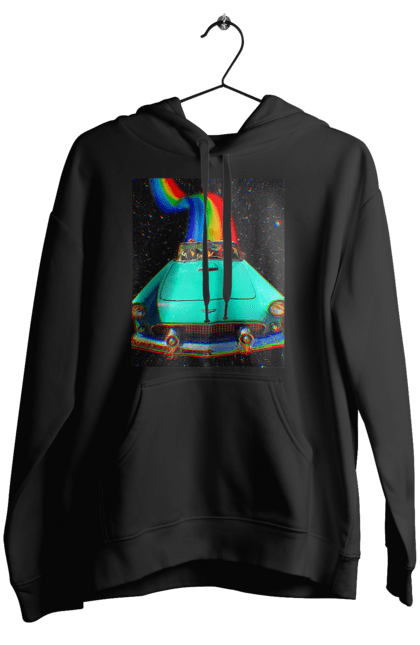Жіноче худі з принтом "Картина, машина у космосі". Веселка, картина, космос, машина, подорожі, поїздка, прикол, ретро. 2070702