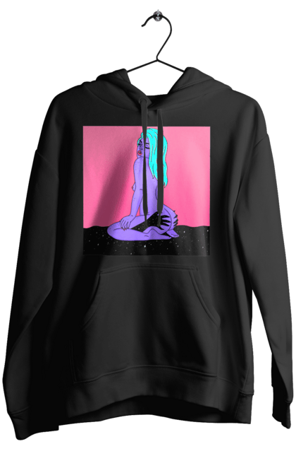 Жіноче худі з принтом "Фіолетова Дівчина В Руках". Дівчина, інопланетянка, сидить. 2070702