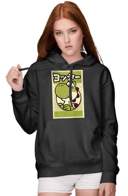 Women's hoodie with prints Mario Yoshi. Character, dinosaur, games, mario, nintendo, super mario world, yoshi. 2070702