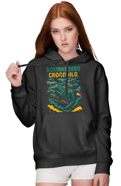 Жіноче худі з принтом "Bombardino Crocodilo". Bombardino, bombardino crocodilo, crocodilo, бомбардіно крокоділо, крокодил, крокодил літак, крокодил мем, мем, мем бомбардине крокодило. 2070702