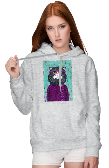 Жіноче худі з принтом "Кот в светрі і окулярах". Кіт, окуляри, осінь, светр, холод. CustomPrint.market