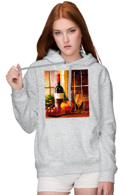 Жіноче худі з принтом "Святковий натюрморт". Вино, келихи, свічки, свято, фрукти. futbolka.stylus.ua