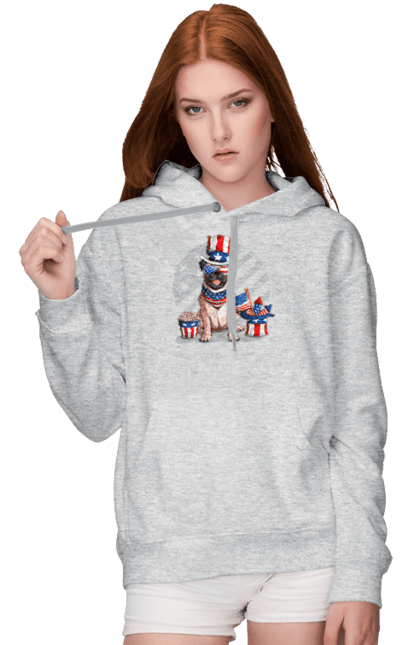 Жіноче худі з принтом "Мопс Америка". Beige pug, mops, америка, американський прапор, мопс, пес, собака. CustomPrint.market