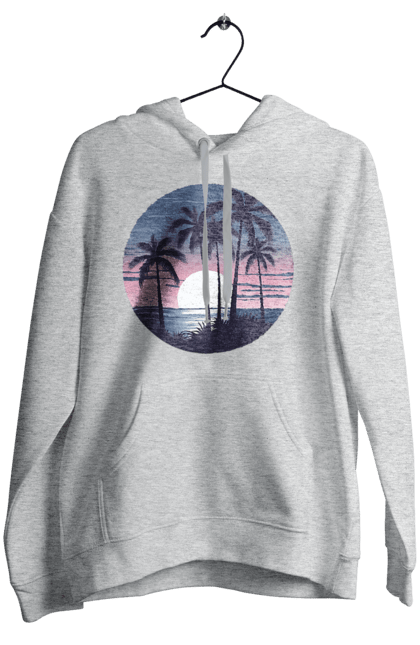 Жіноче худі з принтом "Пальмовий пляж  На заході сонця". Море, пальма, пальми, пальмовий пляж, пляж. CustomPrint.market