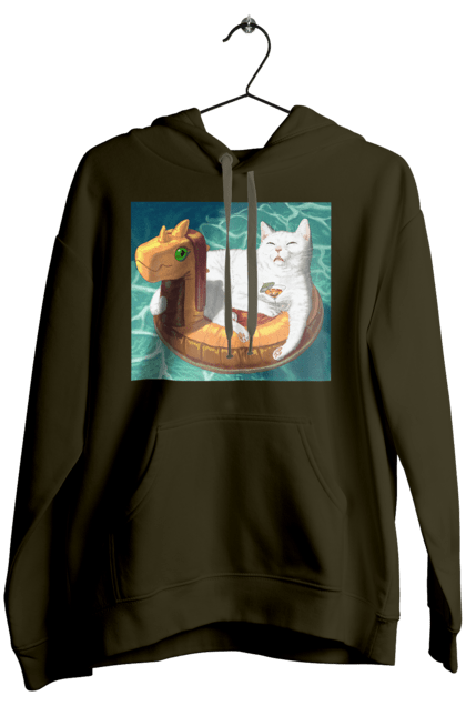 Жіноче худі з принтом "Білий кіт у плавальному колі, на відпочинку". Басейн, відпочинок, кіт, коктейль, море, плавальний круг. 2070702