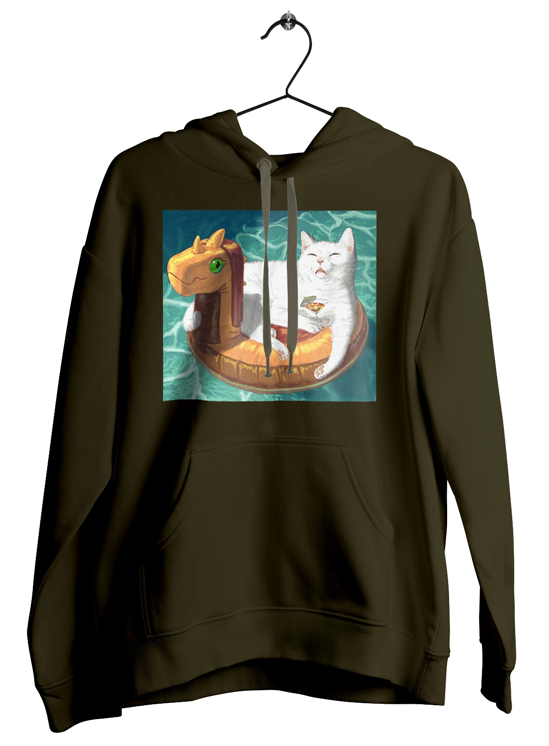 Білий кіт у плавальному колі, на відпочинку