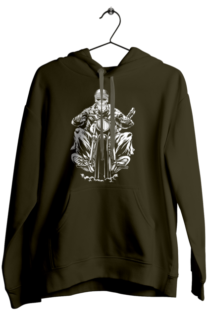 Жіноче худі з принтом "Череп на мотоциклі". Байкер, мотоцикл, скелет, череп. 2070702