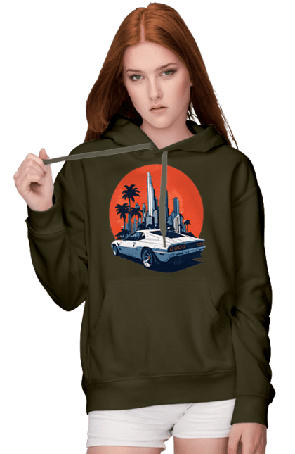 Women`s hoodie with prints Car. Race, speed, sport car, sunset. 2070702