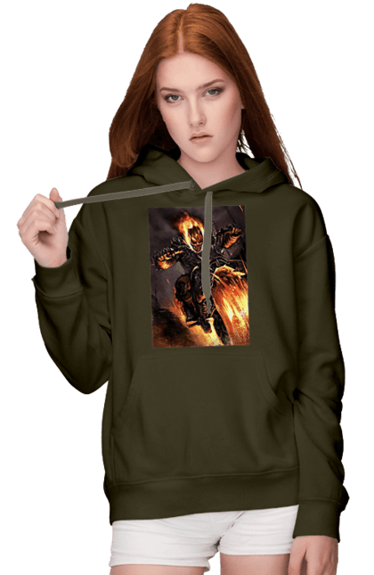 Women`s hoodie with prints Hell Racer. Chopper, fire, hell racer, motorcycle, skeleton. 2070702