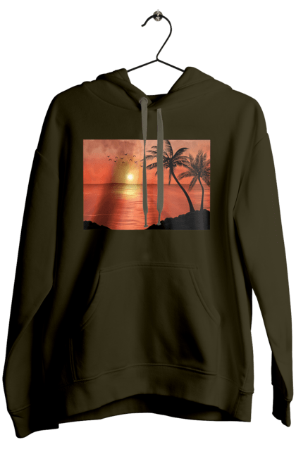 Women`s hoodie with prints West Palm Sea. Palm trees, sea, shore. 2070702