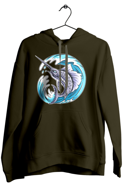 Women`s hoodie with prints Fish Sword And Wave. Swordfish, wave. 2070702