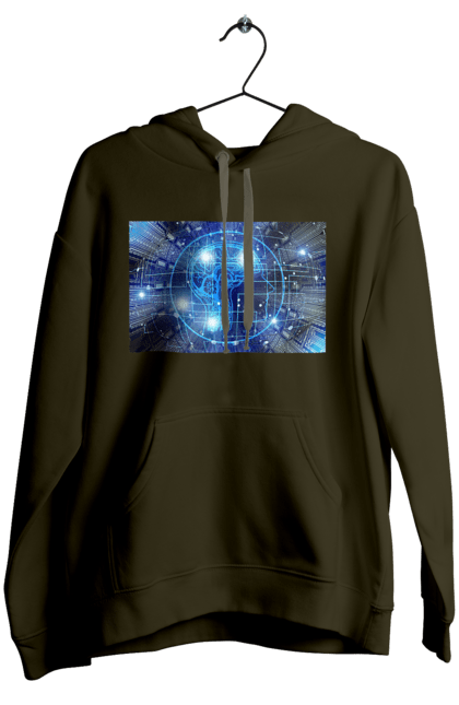 Жіноче худі з принтом "Штучний інтелект". Айті, айтішник, гік, знання, інженер, інтелект, кібер, кібернетика, кіборг, код, комп, комп`ютерник, кристал, машинне навчання, мікросхема, мозок, портрет, програміст, професіонал, професія, розробник, розум, хакер, чіп, штучний інтелект, штучний розум. 2070702