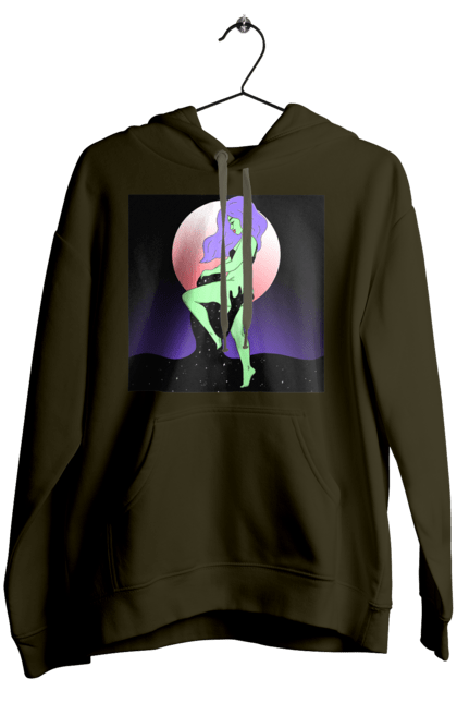 Женское худи с принтом Зеленая Девушка И Луна. Инопланетянка, луна. 2070702