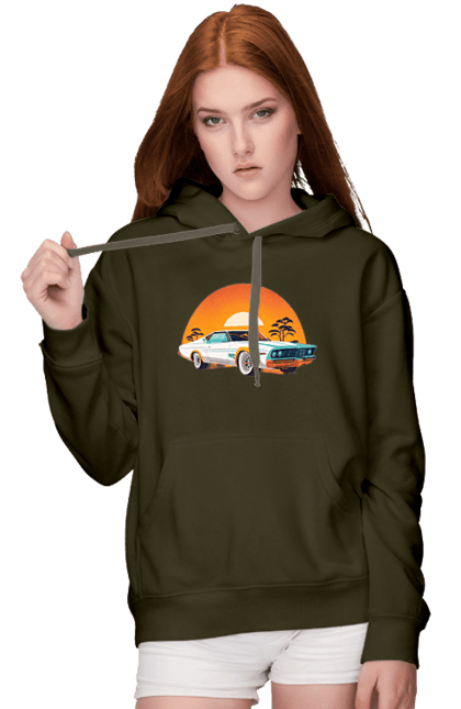 Women`s hoodie with prints Beautiful car at sunset. Auto, decline, sun. 2070702