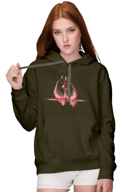 Women`s hoodie with prints Parrots In Love. Lovers, parrots. 2070702