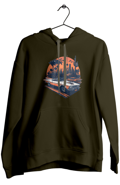 Women`s hoodie with prints Beautiful car at sunset. Auto, sun, sunset. 2070702