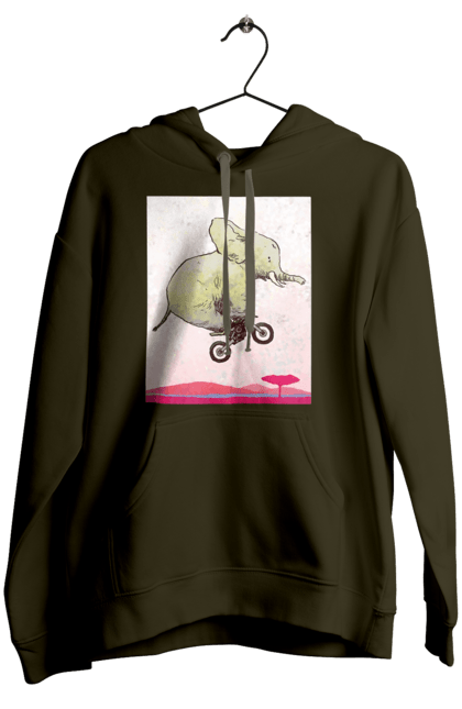 Жіноче худі з принтом "Слон На Мотоциклі". Мотоцикл, політ, слон. 2070702