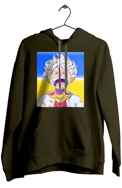 Жіноче худі з принтом "Монкі д Луффі сміється на жовто блактному фоні". Ван піс, луффі, монкі д. луффі, прапор україни, символ україни, україна. 2070702