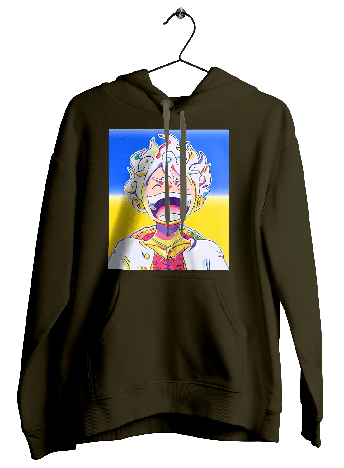 Monkey D Luffy laughing on a yellow blue background