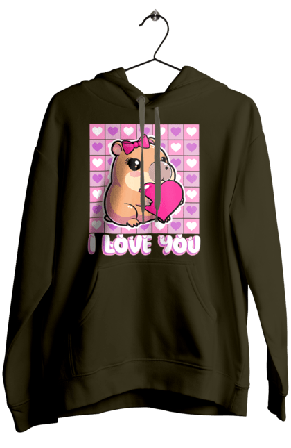 Жіноче худі з принтом "Закохана капібара". I love you, валентинка, день святого валентина, капибара, кохання, милі тварини, пара капібар, романтика, романтичний подарунок, серця. 2070702