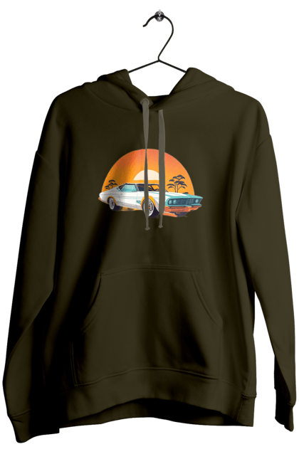 Women`s hoodie with prints Beautiful car at sunset. Auto, decline, sun. 2070702