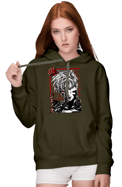 Women's hoodie with prints One Punch Man Genos. Anime, comedy, cyborg, demon, demon cyborg, genos, manga, one punch man, parody, superheroes. 2070702