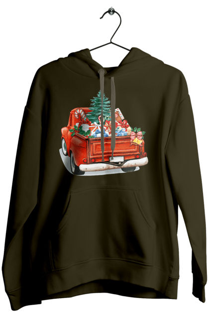 Женское худи с принтом Авто с подарками. Автомобиль, елка, новый год, подарки, рождество, санта. 2070702