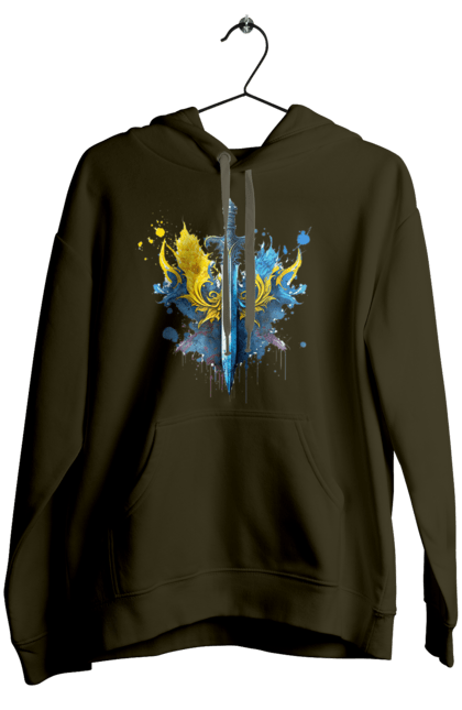 Жіноче худі з принтом "Меч в українському стилі". Герб, меч, перемога, прапор, символ україни, тризуб, україна. 2070702