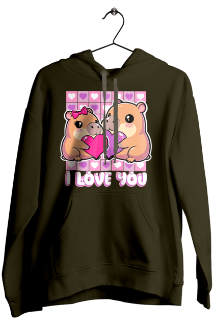Жіноче худі з принтом "Закохана капібара". I love you, валентинка, день святого валентина, капибара, кохання, милі тварини, пара капібар, романтика, романтичний подарунок, серця. 2070702