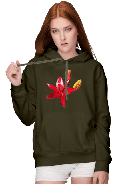 Women`s hoodie with prints Red lily. Bright, bud, buds, color, flower, lily, nature, red, red flower, red lily, sunny. 2070702