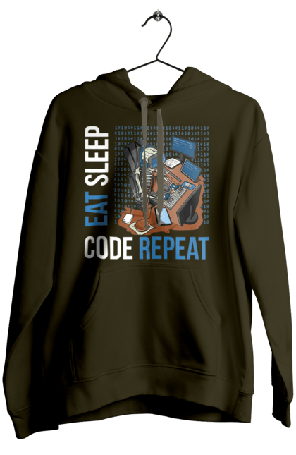 Жіноче худі з принтом "Їж Cпи Кодуй Повторюй". Айті, айтішник, для айтішника, для програміста, їж спи, кодуй повторюй, подарунок айтішнику, подарунок програмісту, програміст, розробник. 2070702