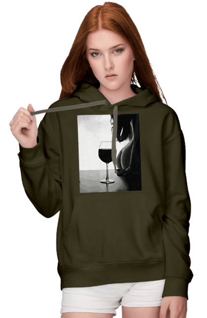 Women`s hoodie with prints A glass of wine. Expectation, friday again, grace, woman`s body. 2070702