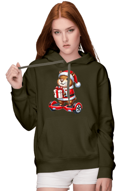 Women's hoodie with prints Christmas Capybara with a Gift. Animal, capybara, christmas, christmas capybara, gift, holiday, new year, new year`s gift, santa. 2070702