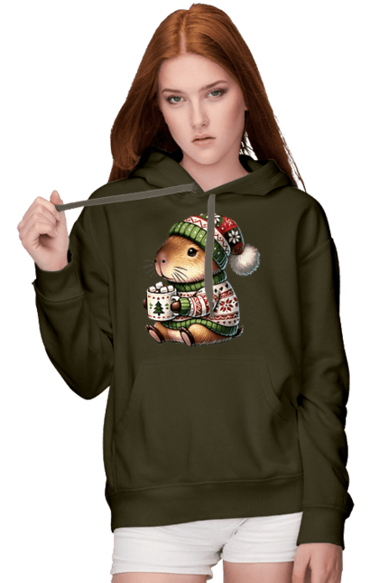 Women's hoodie with prints Capybara with hot chocolate. Animal, capybara, christmas, christmas capybara, gift, holiday, hot chocolate, new year, santa. 2070702