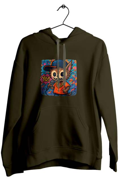 Жіноче худі з принтом "Лабубу". Бейсболка, вуличне мистецтво, графіті, золотийланцюг, лабубу, мікрофон, міський стиль, репатмосфера, хіпхоп, яскраво. 2070702