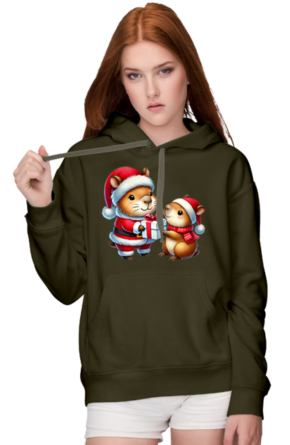 Women's hoodie with prints Christmas Capybara with a Gift. Animal, capybara, christmas, christmas capybara, gift, holiday, new year, new year`s gift, santa. 2070702