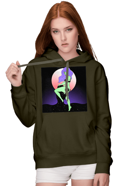 Женское худи с принтом Зеленая Девушка И Луна. Инопланетянка, луна. 2070702