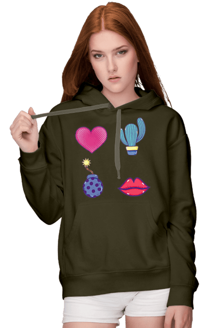 Women`s hoodie with prints Heart, Cactus, Bomb, Lips. Bomb, cactus, lips. 2070702