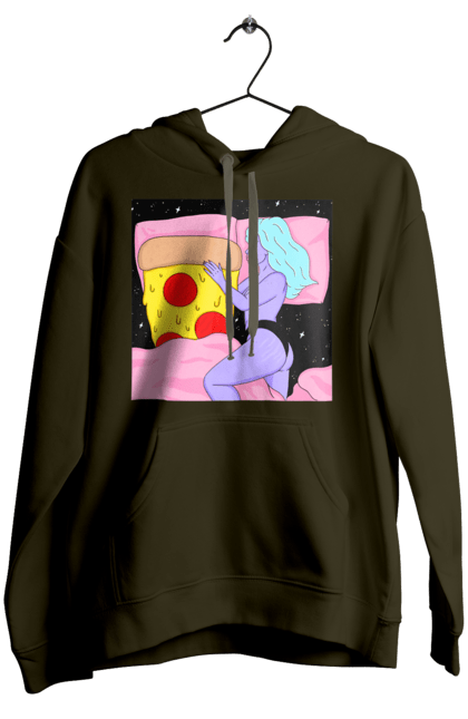 Women`s hoodie with prints Purple Girl And Pizza. Bed, girl, pizza. 2070702