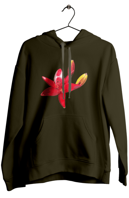 Women`s hoodie with prints Red lily. Bright, bud, buds, color, flower, lily, nature, red, red flower, red lily, sunny. 2070702