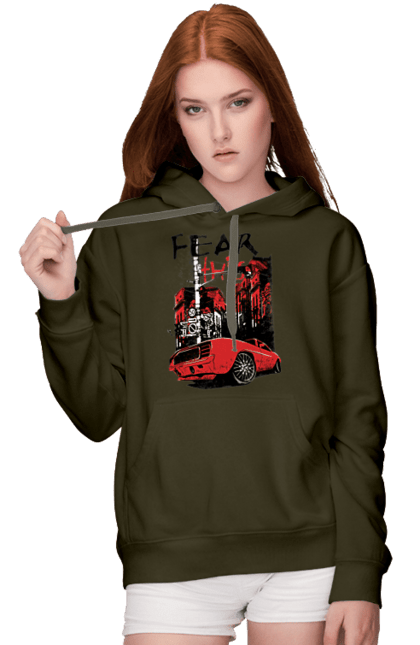 Women`s hoodie with prints Red Car In The City. Riding, town. 2070702