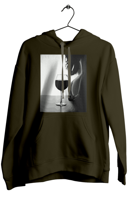 Women`s hoodie with prints A glass of wine. Expectation, friday again, grace, woman`s body. 2070702