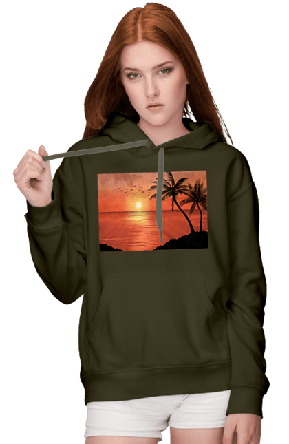 Women`s hoodie with prints West Palm Sea. Palm trees, sea, shore. 2070702