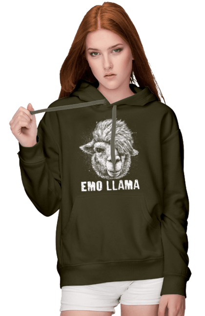 Жіноче худі з принтом "Емо Лама". Alpaca, animals, distressed, emo, funny, llama, vintage, емо, лама. 2070702