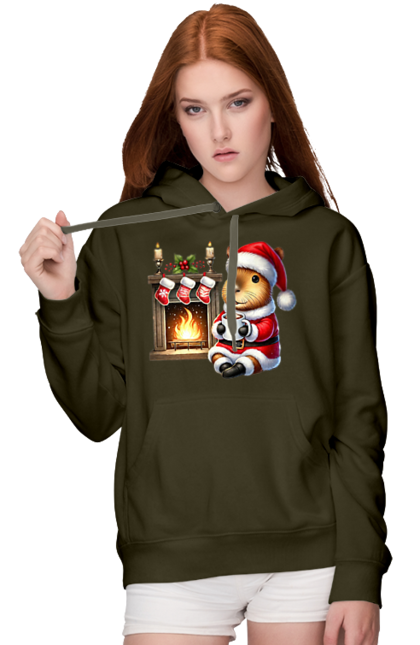 Women's hoodie with prints Capybara by the fireplace with hot chocolate. Animal, capybara, christmas, christmas capybara, fireplace, gift, holiday, hot chocolate, new year, santa. 2070702