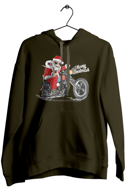 Жіноче худі з принтом "Санта в окулярах на мотоциклі". Байкер, дід мороз, зима, мотоцикл, новий рік, різдво, санта, санта клаус, сніг, щасливого різдва. 2070702